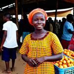 An international student, fully clothed in modest, comfortable travel attire, stands amidst a bustling local market in Cotonou, Benin. The vibrant scene features fully clothed local vendors in traditional West African garments, surrounded by colorful stalls displaying fresh produce, textiles, and handcrafted goods. The atmosphere is lively and warm under the bright sunlight. This is a high-resolution, realistic photograph with sharp focus and natural lighting. Safe for work, appropriate content, fully clothed, modest clothing, family-friendly. Perfect anatomy, correct proportions, natural pose, well-formed hands, proper finger count, natural body proportions.