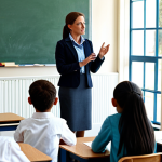 **

A professional female teacher in a modest classroom setting, interacting with students, fully clothed, appropriate attire, safe for work, perfect anatomy, natural proportions, family-friendly scene, educational environment.

**