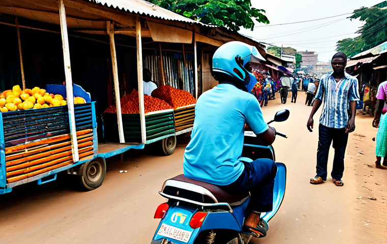 **
"A brightly colored zemidjan (motorcycle taxi) in Benin, fully clothed driver and passenger wearing helmets, modest clothing, bustling street scene in Cotonou, market stalls in the background, safe for work, appropriate content, family-friendly, natural pose, proper finger count, perfect anatomy, professional photography, high quality."
**