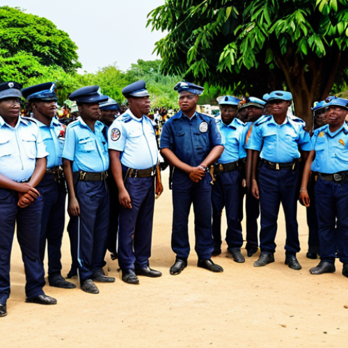 Home 22 Community Policing in Benin**
"A diverse group of Beninese citizens and police officers, fully clothed in appropriate attire, engaging in a friendly community meeting in a public park in Cotonou. The scene should depict trust and cooperation, with bright daylight and a sense of security. Safe for work, professional, family-friendly, perfect anatomy, natural proportions, appropriate content."
**