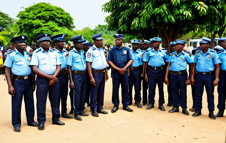 Community Policing in Benin**
"A diverse group of Beninese citizens and police officers, fully clothed in appropriate attire, engaging in a friendly community meeting in a public park in Cotonou. The scene should depict trust and cooperation, with bright daylight and a sense of security. Safe for work, professional, family-friendly, perfect anatomy, natural proportions, appropriate content."
**